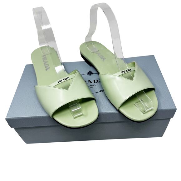 Prada Acqua Green Leather Flat Slide Sandals Size 38 with Box - Picture 1 of 6